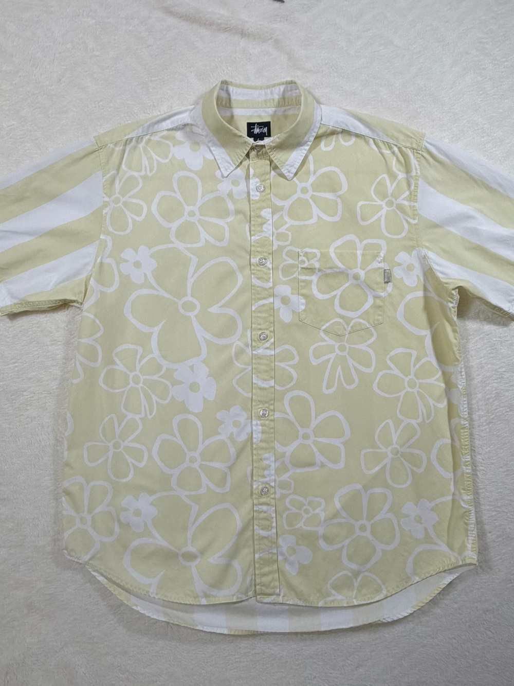 Vintage NOS Stussy “Back Flip” Yellow White Floral Striped Cotton Button-Up Sz L - Picture 2 of 11